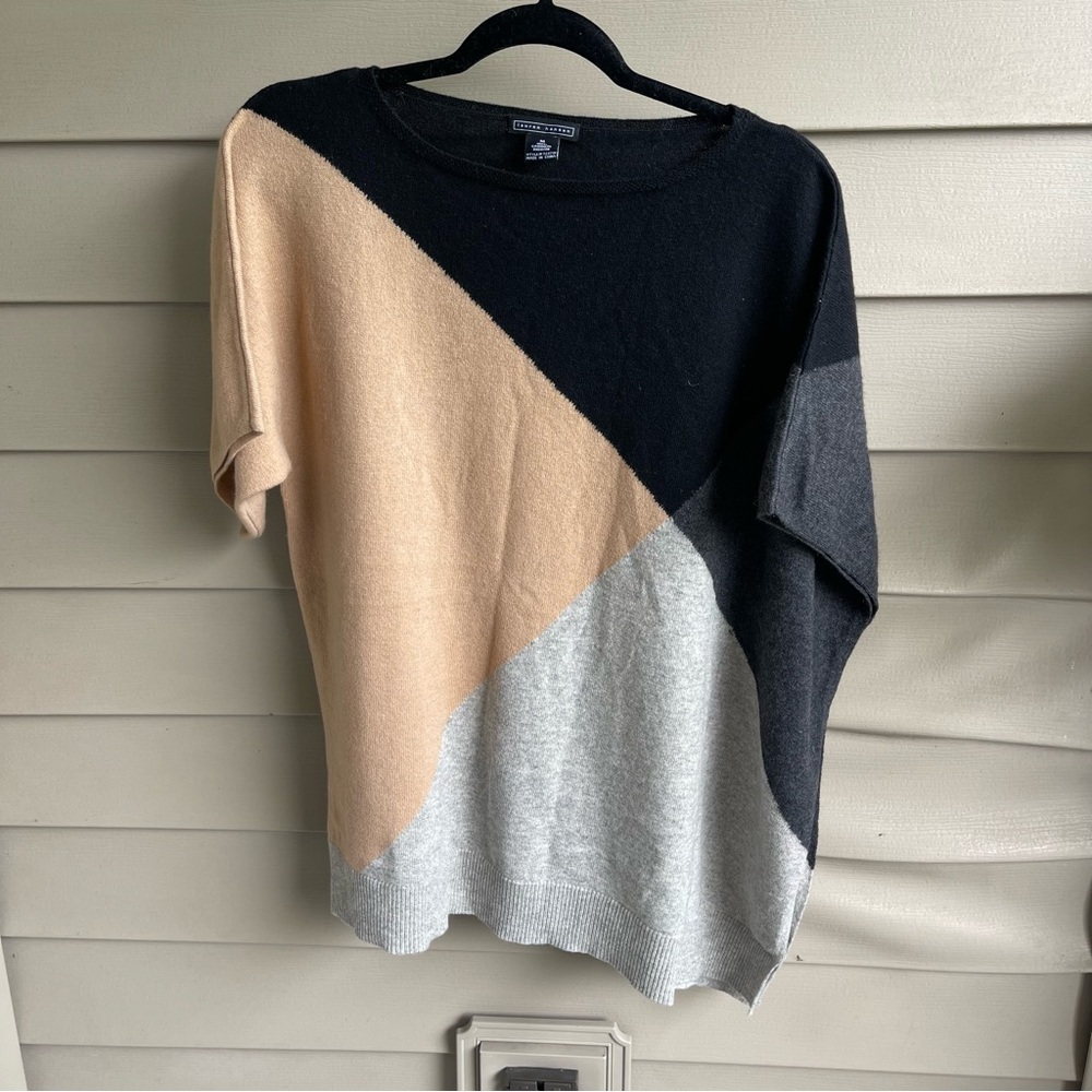 Lauren Hansen Colorblock 100% Cashmere Tan Short Sleeve Sweater Size M Medium